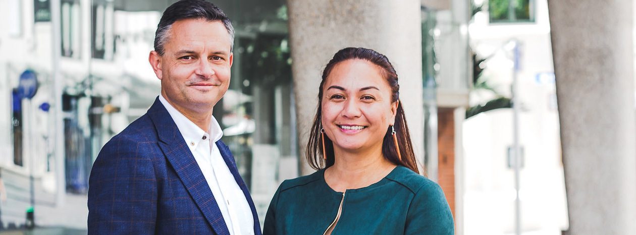James Shaw and Marama Davidson, standing together as Green Party co-leaders